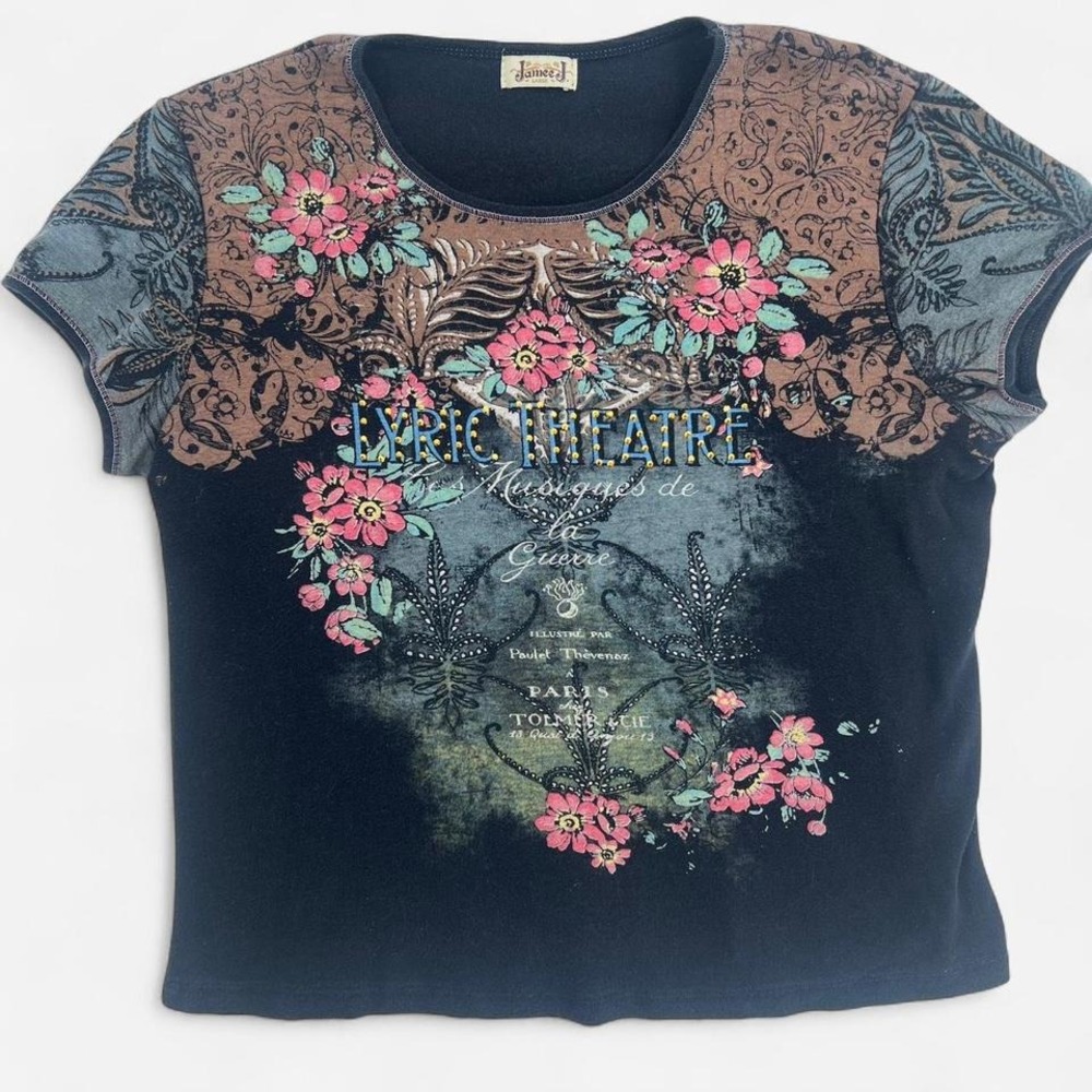 Y2K‎ Graphic Bling Top with Floral and Rhinestone Details
